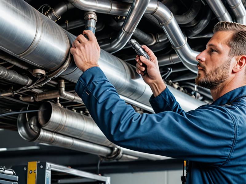 Technician inspecting exhaust system